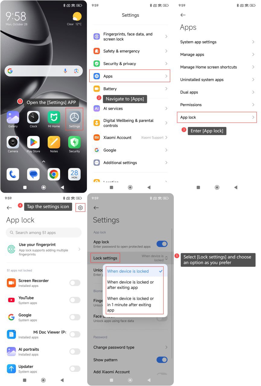 مراحل فعال کردن App lock از Settings › Apps در شیائومی