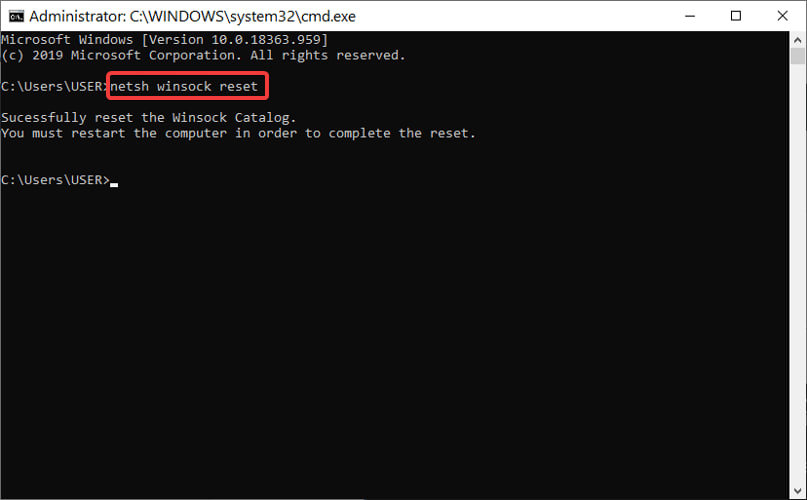 اجرای دستور netsh winsock reset در Command Prompt با دسترسی مدیر