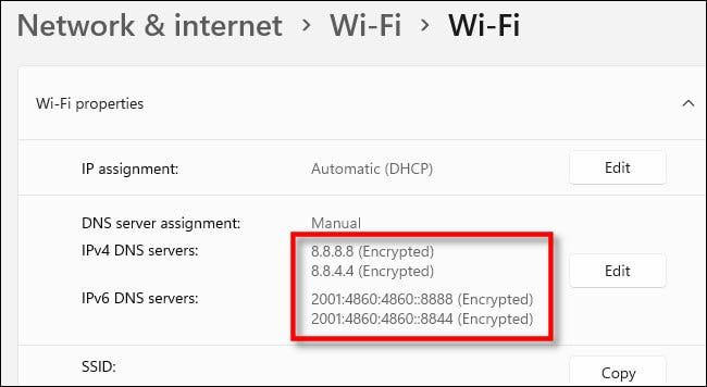 نمایش آدرس‌های DNS جدید در ویژگی‌های اتصال Wi-Fi ویندوز ۱۱