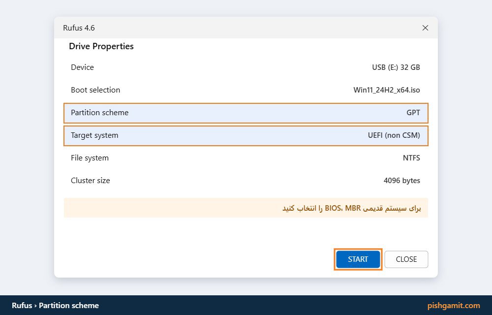 تنظیم گزینه Partition scheme روی حالت GPT در نرم‌افزار ساخت فلش بوتیبل Rufus