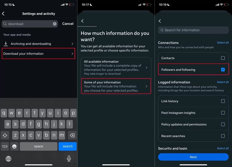 مراحل Download your information و انتخاب گزینه Followers and following برای دریافت فایل درخواستها مراحل Download your information و انتخاب گزینه Followers and following برای دریافت فایل درخواستها