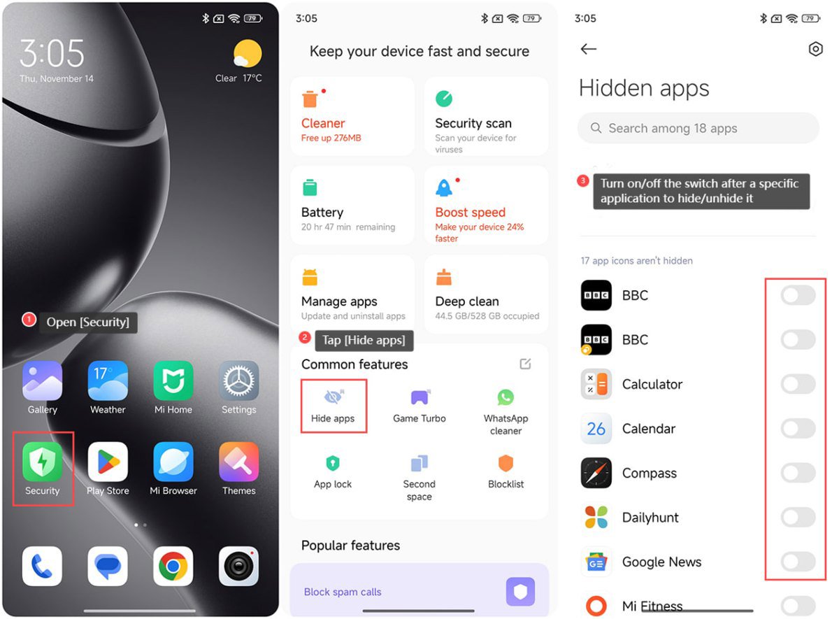 مخفی کردن برنامه از Security › Hide apps در شیائومی