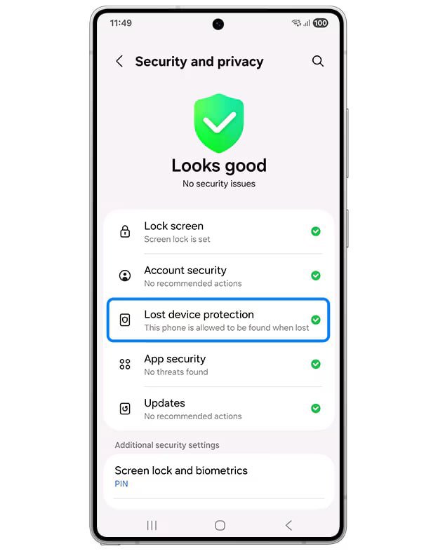 گزینه Lost device protection در Security and privacy گوشی سامسونگ