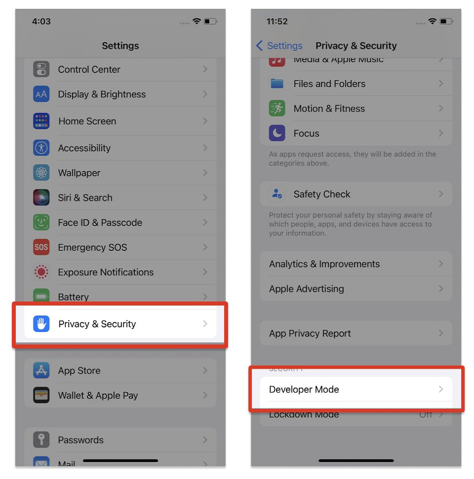 مسیر Privacy and Security و گزینه Developer Mode در تنظیمات آیفون