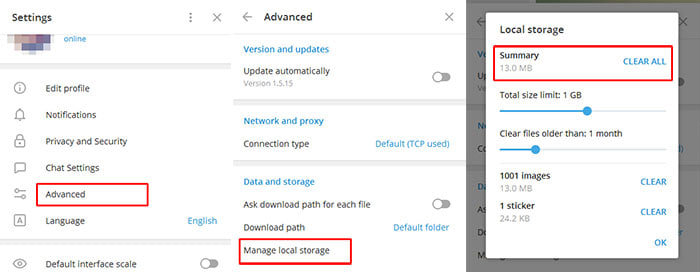 گزینه Manage local storage و Clear all در تلگرام دسکتاپ