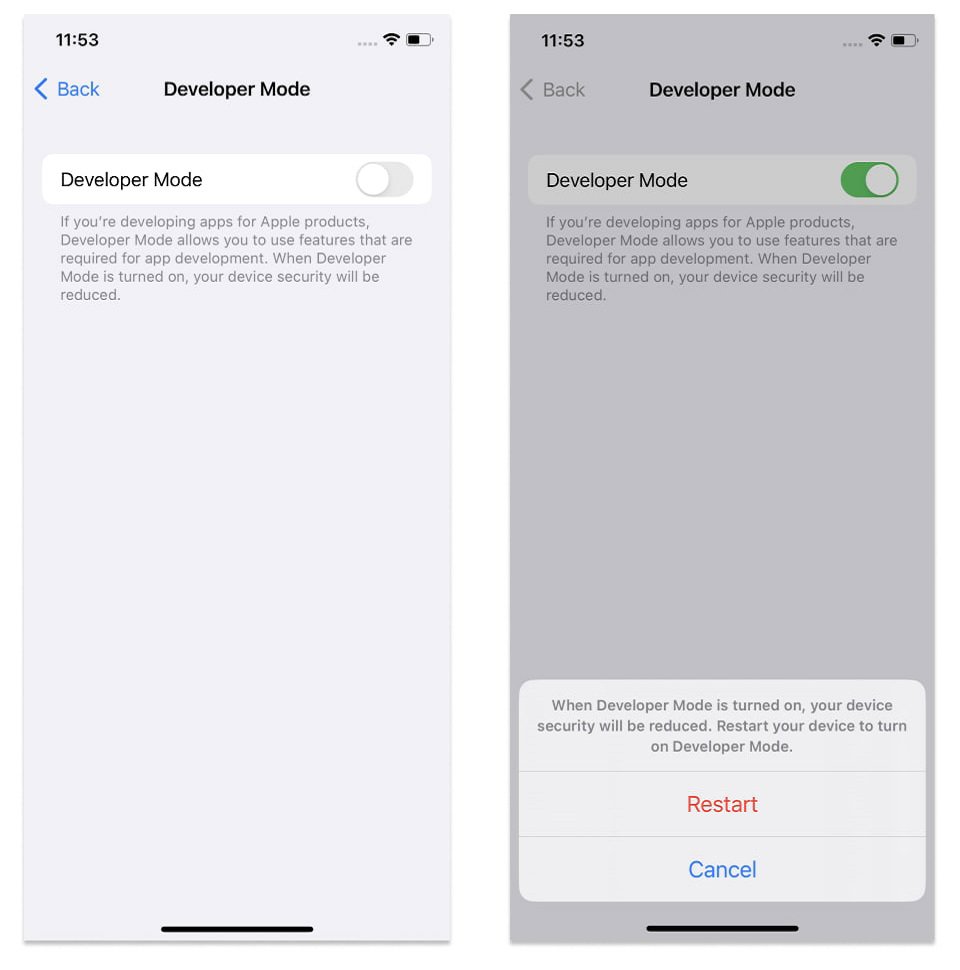 روشن کردن سوئیچ Developer Mode و انتخاب گزینه Restart