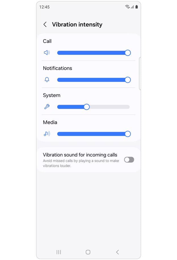 صفحه Vibration intensity در گوشی سامسونگ