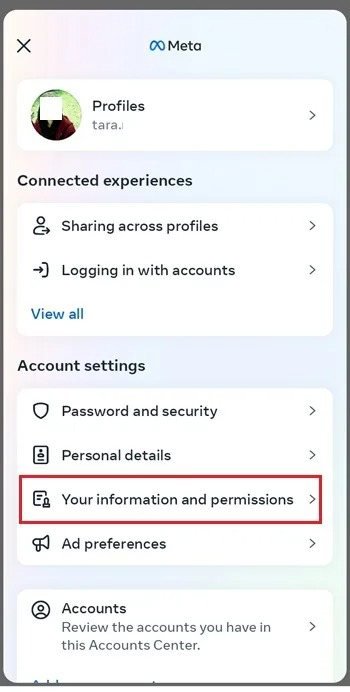 مسیر Accounts Center و گزینه Your information and permissions در تنظیمات متا مسیر Accounts Center و گزینه Your information and permissions در تنظیمات متا