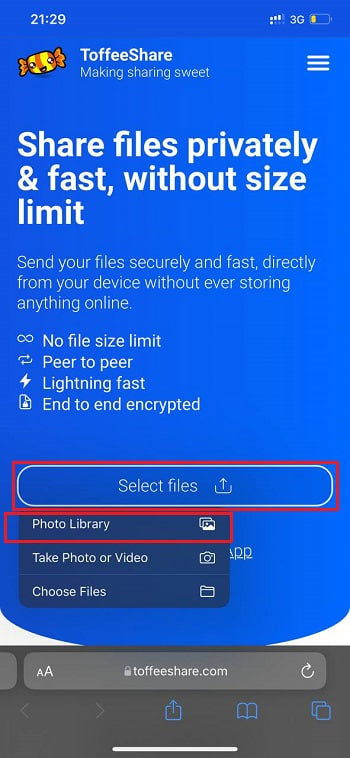 زدن Select files و انتخاب Photo Library در ToffeeShare