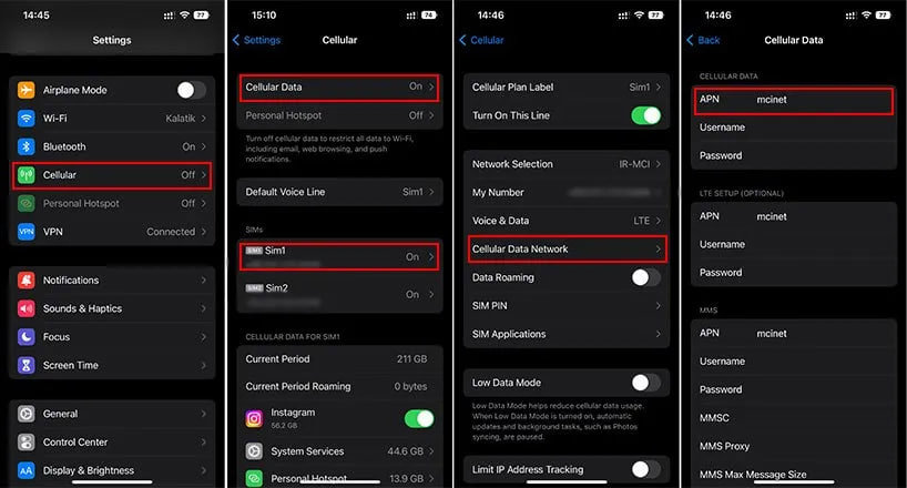 مسیر Settings، Cellular و Cellular Data Network در آیفون