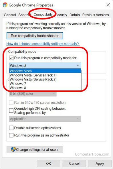 انتخاب نسخه ویندوز در بخش Compatibility mode برای اجرای برنامه در حالت سازگاری