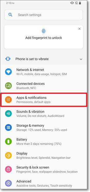 منوی Apps & Notifications در تنظیمات اندروید منوی Apps & Notifications در تنظیمات اندروید