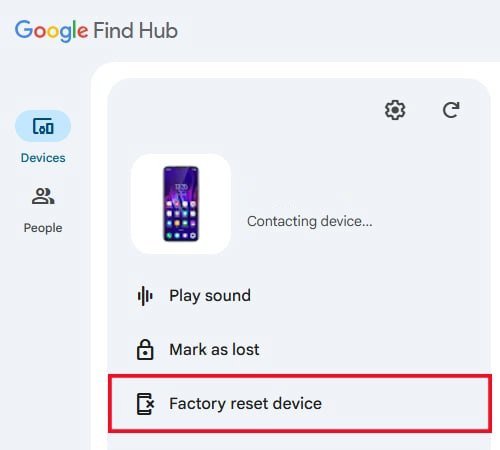 گزینه‌های Play sound، Mark as lost و Factory reset device در Find Hub