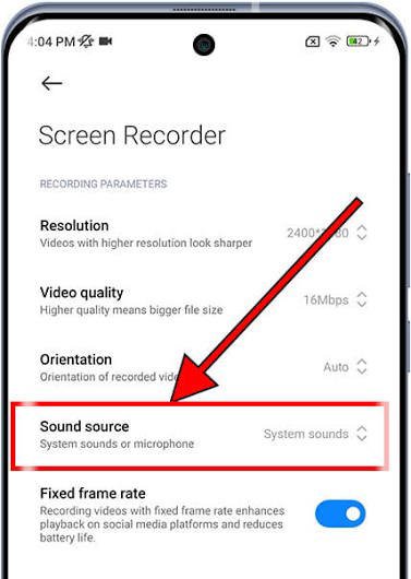 گزینه Sound source در تنظیمات Screen Recorder شیائومی