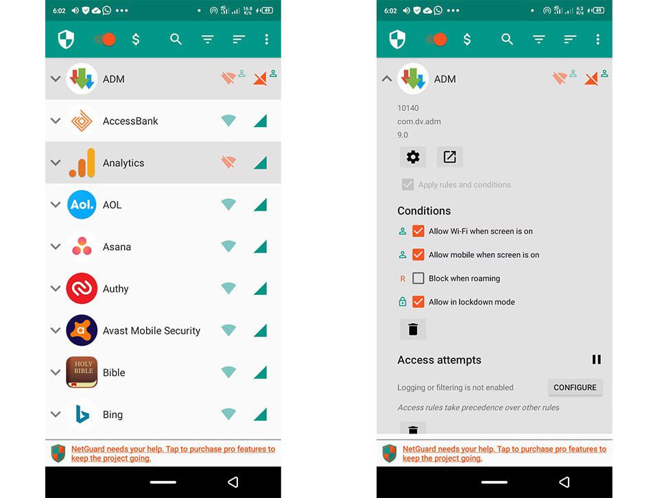 مدیریت دسترسی برنامه‌ها به داده و وای‌فای در NetGuard
