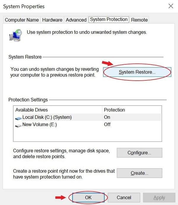 دکمه System Restore در تب System Protection پنجره System Properties