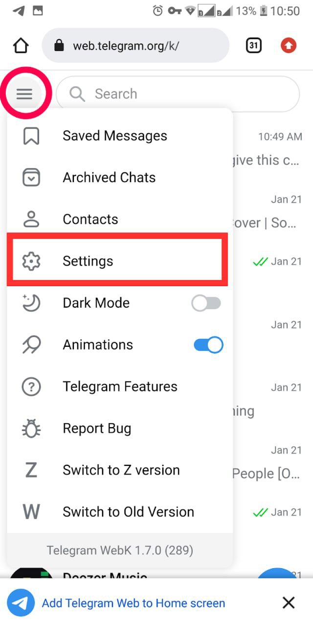 انتخاب گزینه Settings در منوی تلگرام وب انتخاب گزینه Settings در منوی تلگرام وب