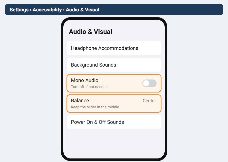 تنظیم Balance روی وسط در بخش Audio and Visual آیفون