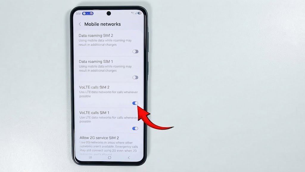 کلید VoLTE calls SIM 1 و SIM 2 در صفحه Mobile networks سامسونگ