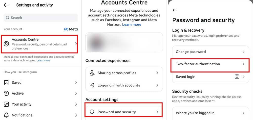 مسیر Accounts Centre و Password and Security تا رسیدن به Two-factor authentication در اینستاگرام