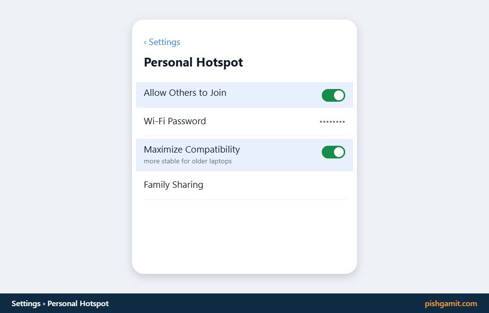 فعال کردن سوئیچ Maximize Compatibility در تنظیمات هاتاسپات آیفون برای نمایش در لپتاپ