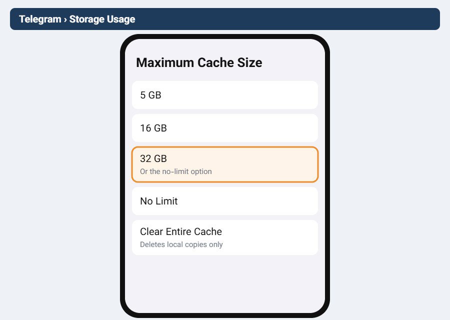 افزایش Maximum Cache Size در تنظیمات حافظه تلگرام