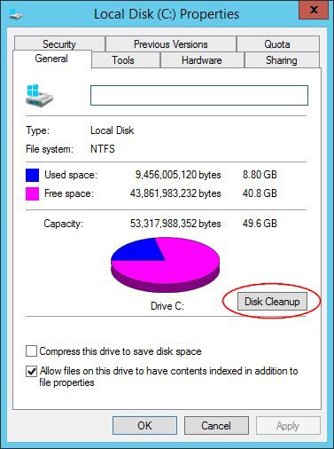 دکمه Disk Cleanup در تب General پنجره مشخصات درایو C