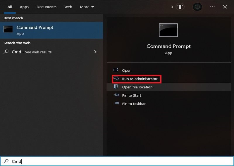 جستجوی Cmd در ویندوز و انتخاب گزینه Run as administrator