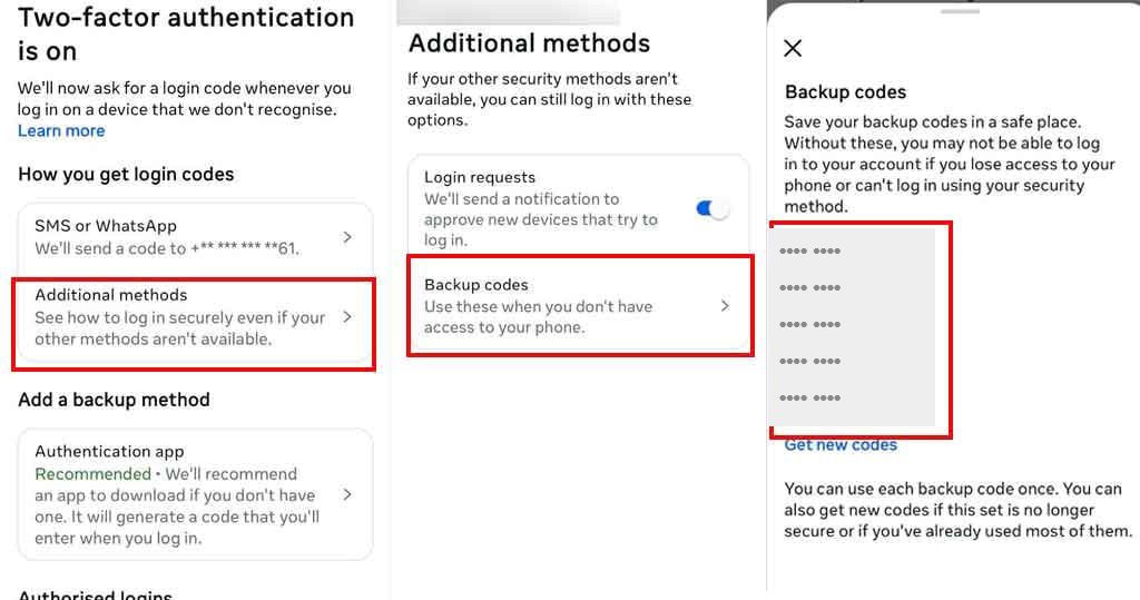مسیر Additional methods و صفحه Backup codes در تنظیمات امنیتی اینستاگرام