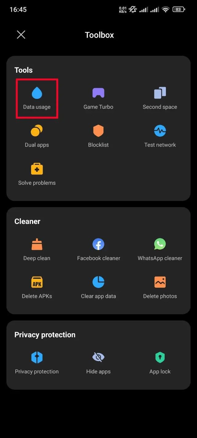بخش Toolbox برنامه Security و گزینه Data usage بخش Toolbox برنامه Security و گزینه Data usage