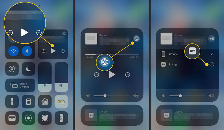 انتخاب آیکون AirPlay در Control Center آیفون و انتخاب تلویزیون از فهرست