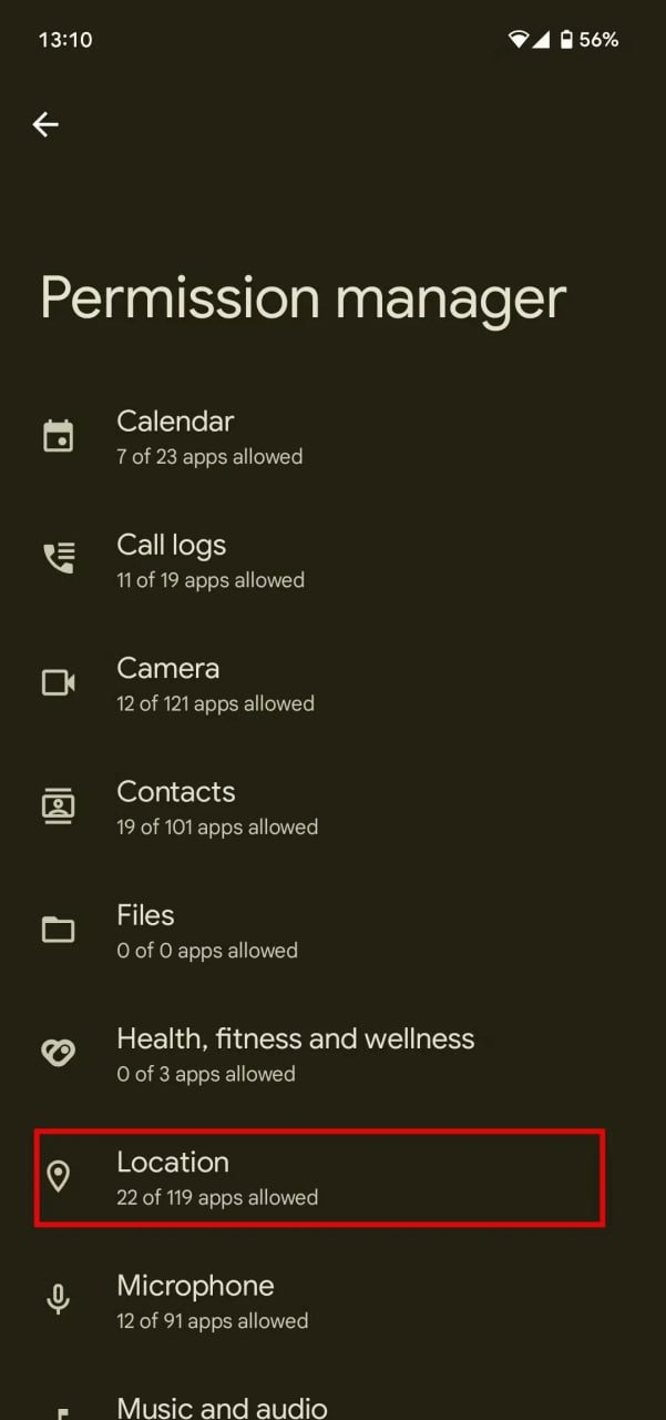 صفحه Permission manager و فهرست مجوزها با گزینه Location مشخص&zwnj;شده