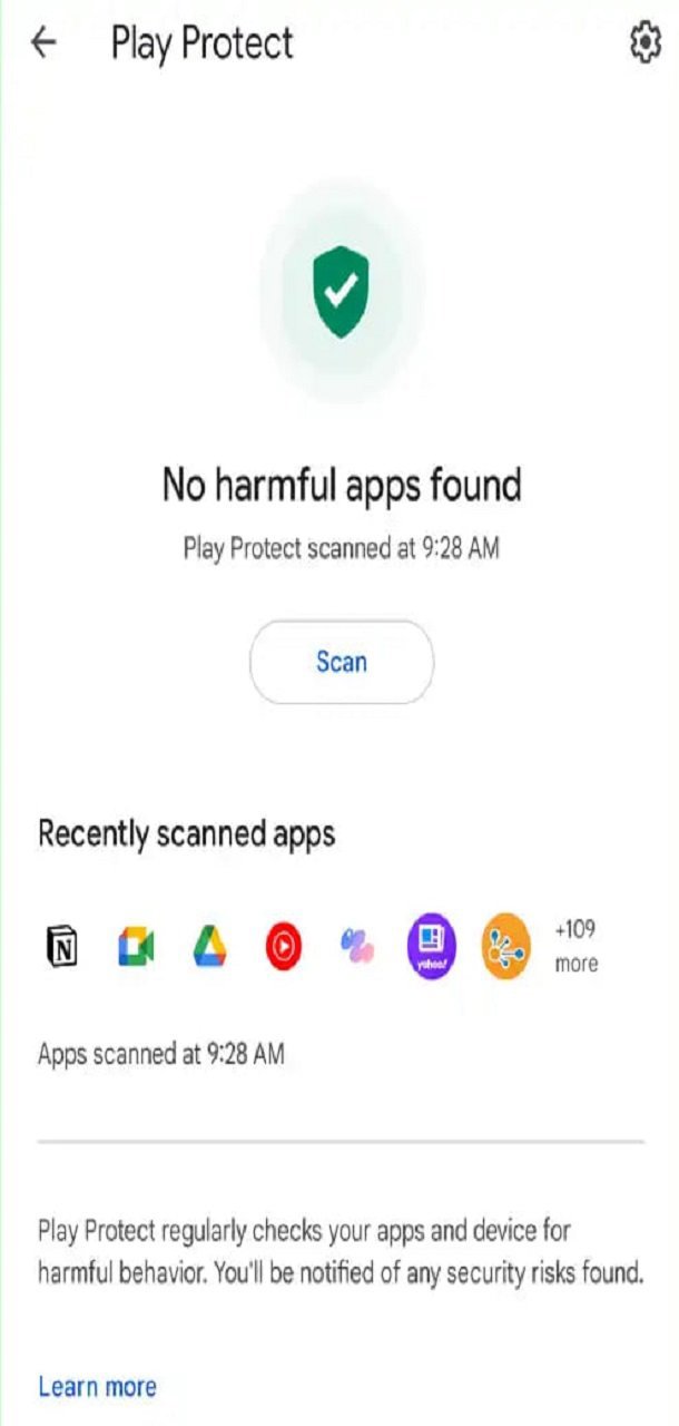 صفحه Google Play Protect با پیام No harmful apps found و دکمه Scan