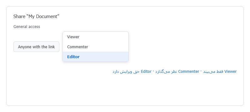 منوی سطح دسترسی در گوگل درایو: گزینه&zwnj;های Viewer، Commenter و Editor