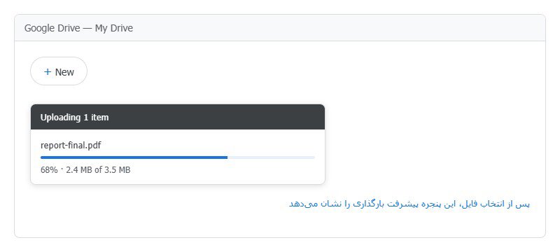 پنجره پیشرفت بارگذاری فایل در گوگل درایو پس از انتخاب File upload
