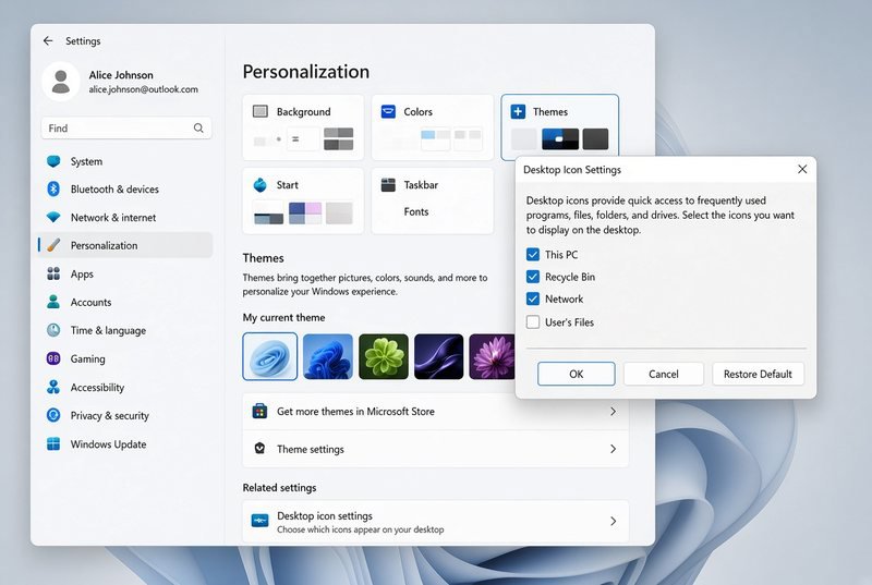 انتخاب آیکونهای سیستمی در پنجره Desktop Icon Settings و تأیید با Apply و OK انتخاب آیکونهای سیستمی در پنجره Desktop Icon Settings و تأیید با Apply و OK