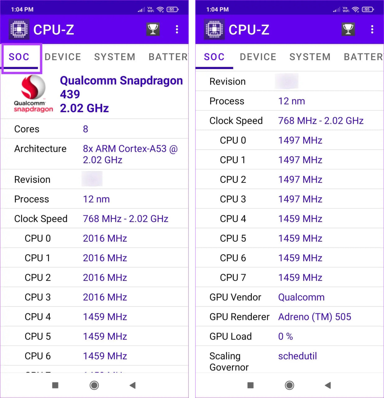 اسکرینشات اپلیکیشن CPU-Z در سربرگ SOC با نام تراشه، تعداد هسته و فرکانس