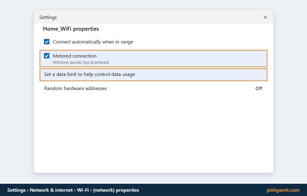 فعال کردن سوئیچ Metered connection در مشخصات شبکه وای‌فای ویندوز ۱۱