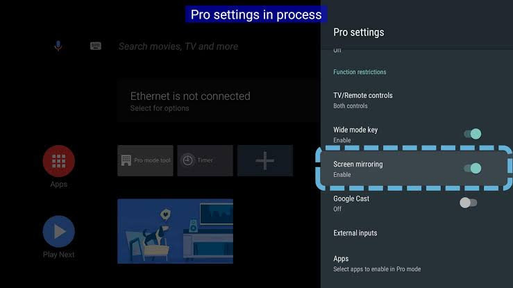 فعال کردن گزینه Screen mirroring در تنظیمات تلویزیون اندرویدی
