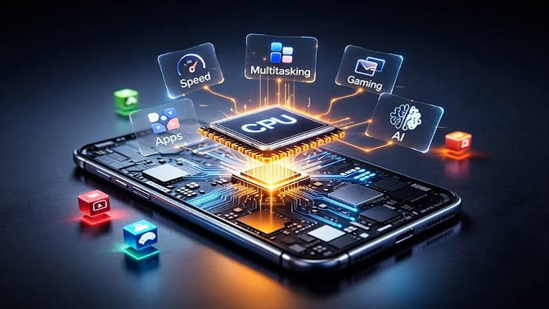 تصویر گرافیکی یک CPU روی برد گوشی با آیکونهای سرعت، چندوظیفگی، بازی و هوش مصنوعی