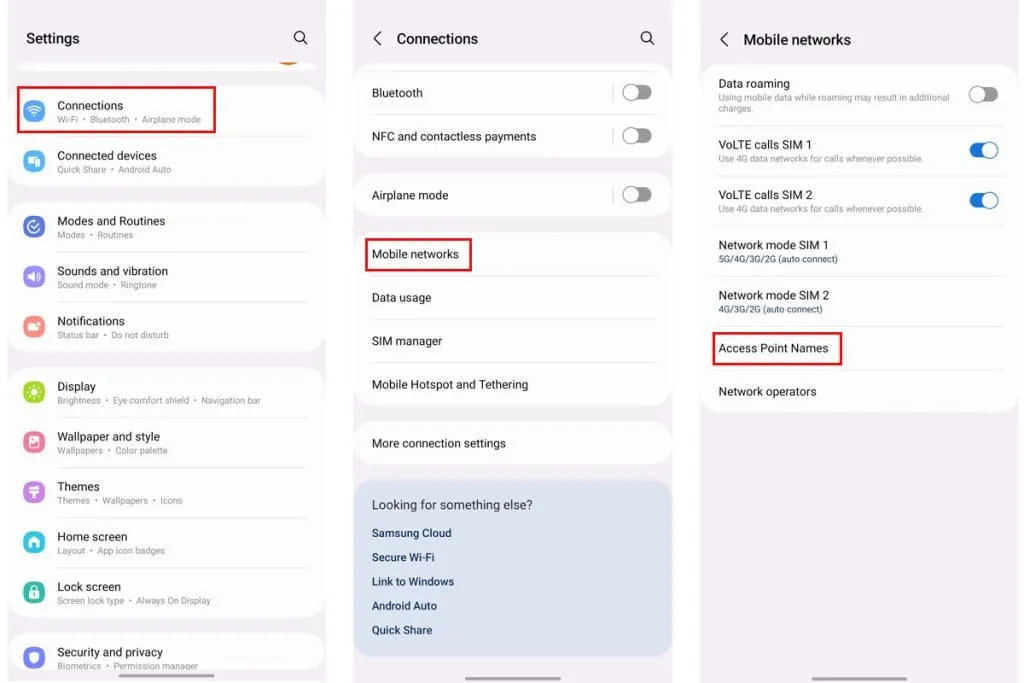 مسیر Connections، Mobile networks و Access Point Names در تنظیمات سامسونگ
