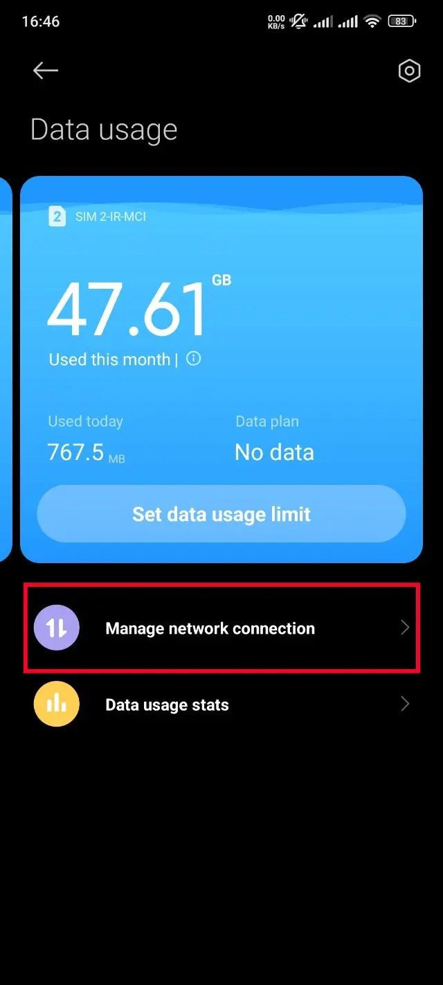 صفحه Data usage و گزینه Manage network connection در برنامه امنیتی شیائومی صفحه Data usage و گزینه Manage network connection در برنامه امنیتی شیائومی