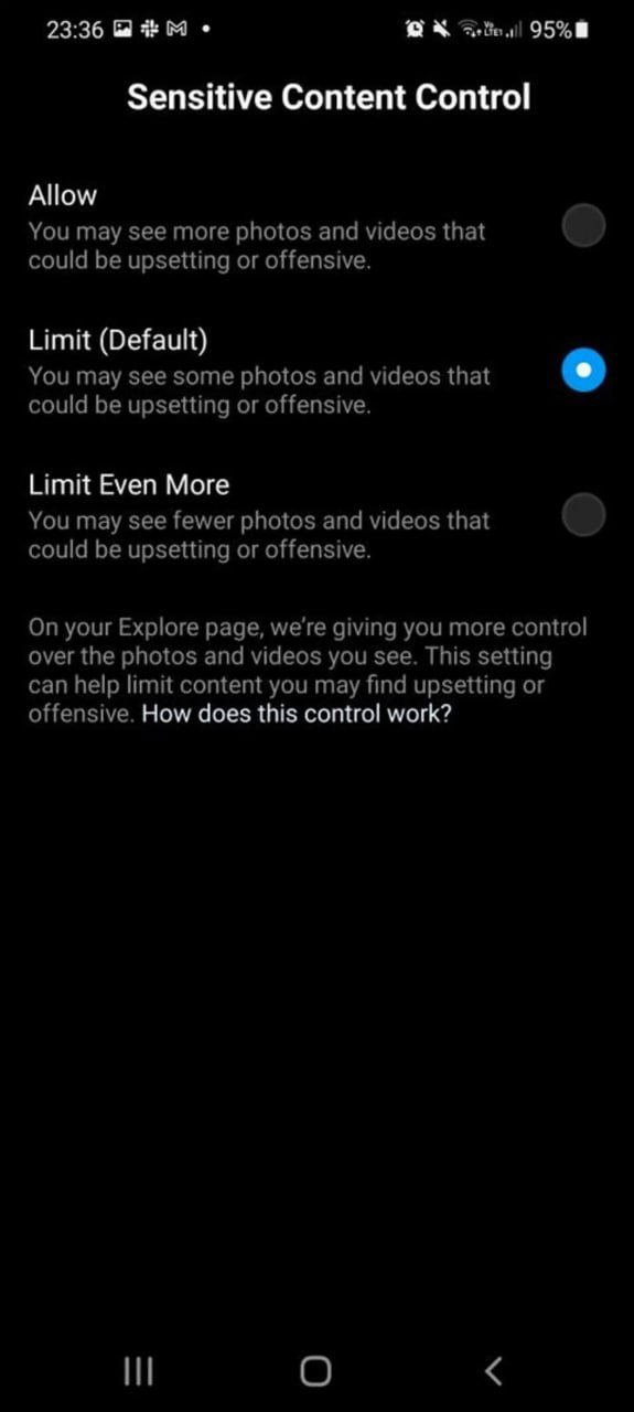 گزینههای Allow، Limit و Limit Even More در بخش Sensitive Content Control اینستاگرام گزینههای Allow، Limit و Limit Even More در بخش Sensitive Content Control اینستاگرام