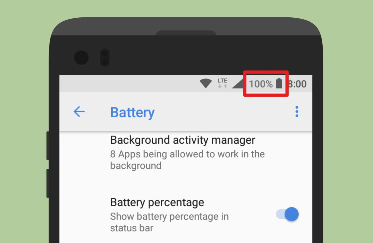 درصد باتری در نوار وضعیت و گزینه Battery percentage در اندروید
