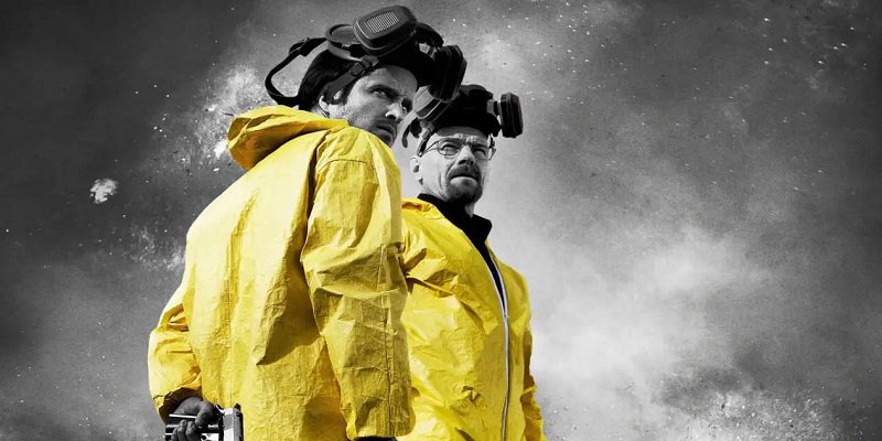 والتر وایت و جسی پینکمن در لباس محافظ در پوستر سریال Breaking Bad