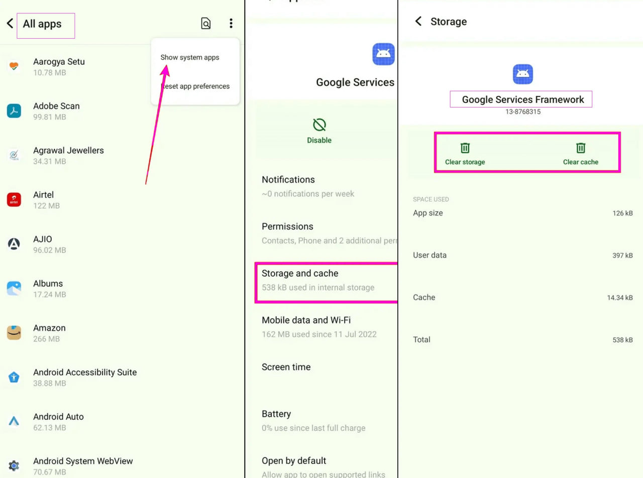 نمایش برنامههای سیستمی و پاک کردن Clear storage و Clear cache سرویس Google Services Framework