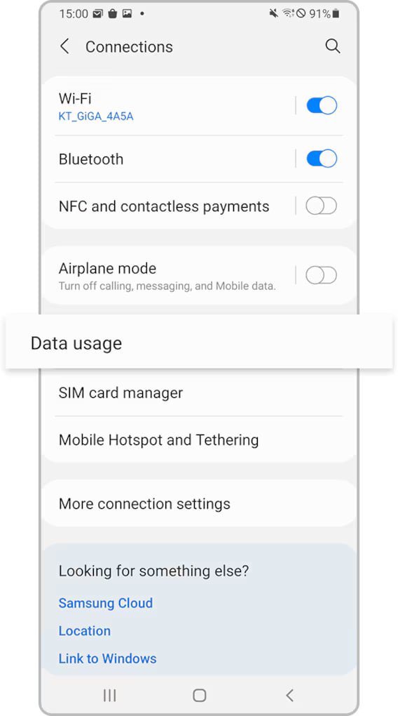 گزینه Data usage در بخش Connections سامسونگ