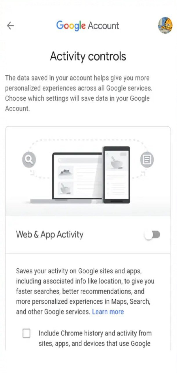 صفحه Activity controls حساب گوگل و کلید Web & App Activity در حالت خاموش