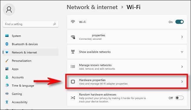 گزینه Hardware properties در تنظیمات Wi-Fi ویندوز ۱۱