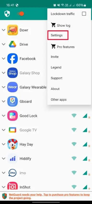 باز کردن منوی برنامه NetGuard و انتخاب گزینه Settings باز کردن منوی برنامه NetGuard و انتخاب گزینه Settings